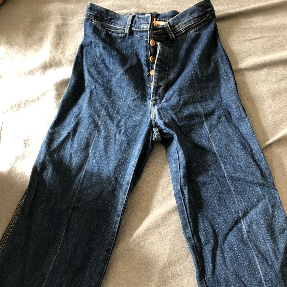 Caron Callahan widelegged jeans.